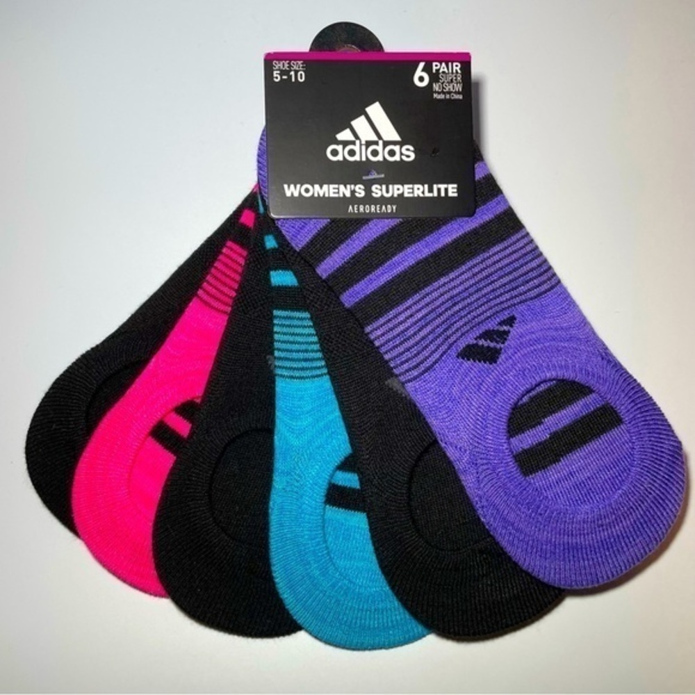 Adidas women’s super no show socks 6 pack size 5-10 black purple blue pink gray